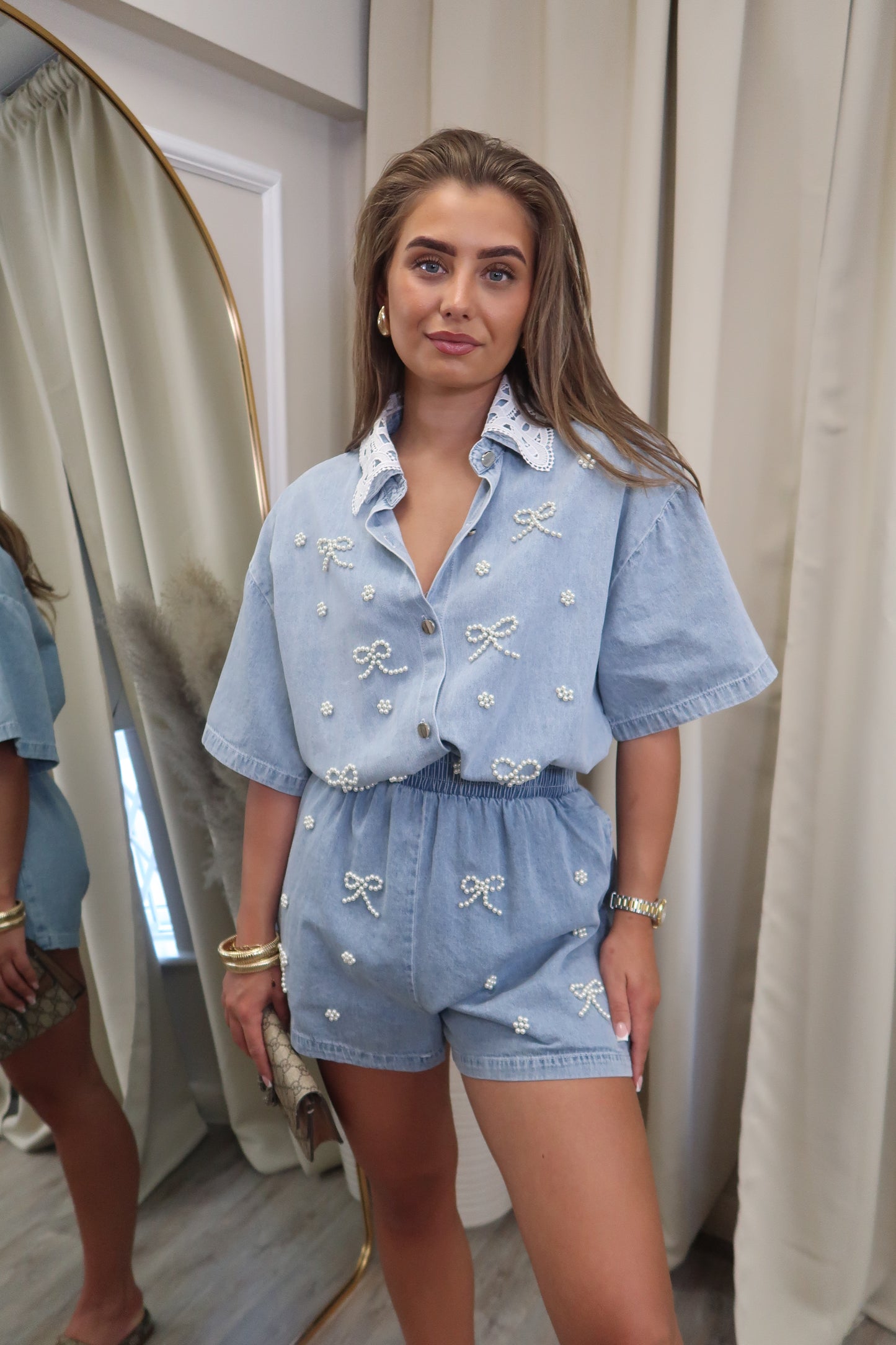 Pearls Knot Trim Denim Short & Shorts Set