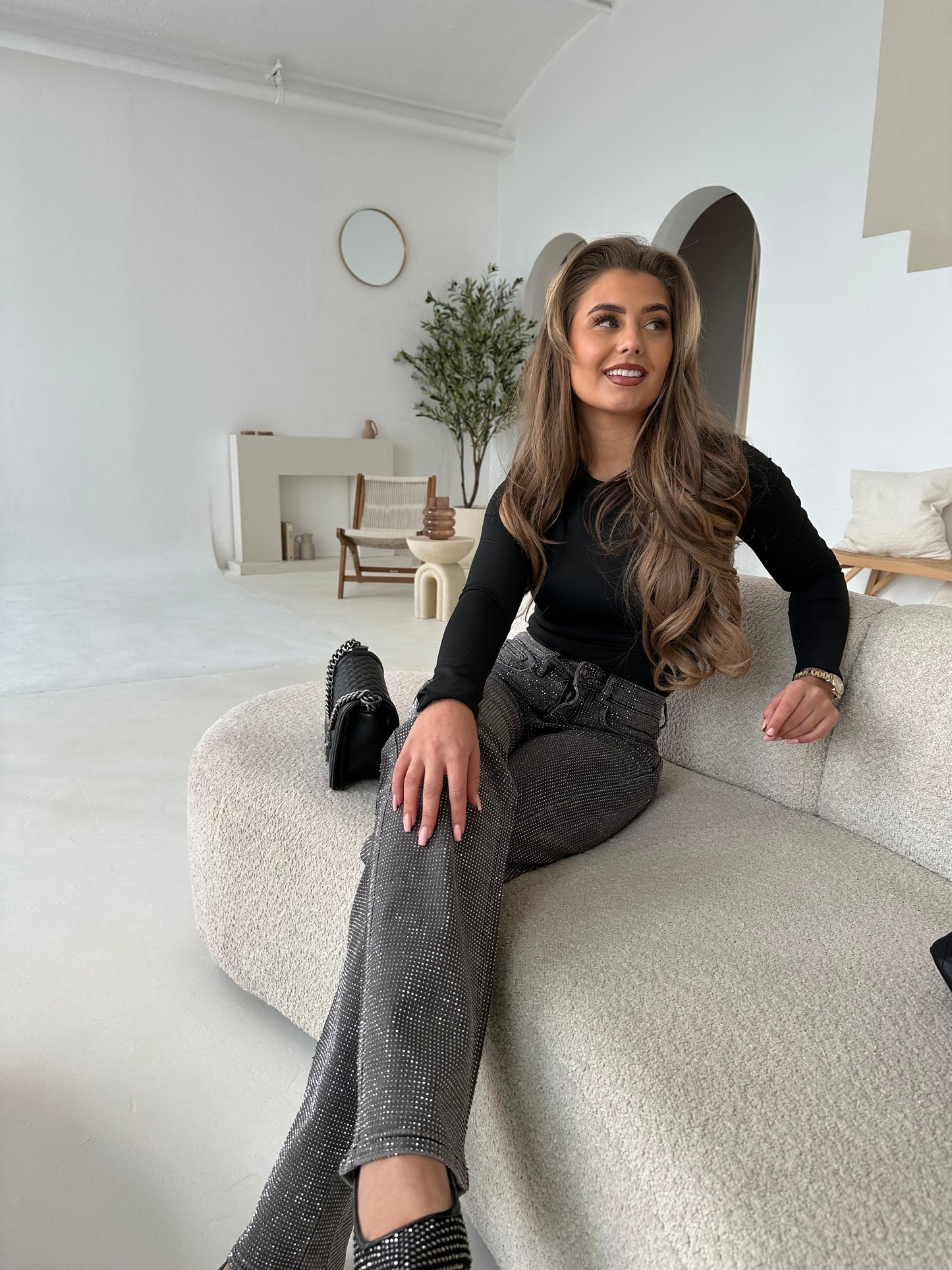 Premium Grey Dimante Straight Leg Jeans