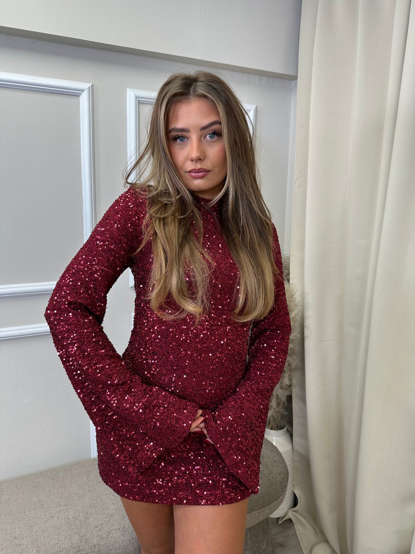 Burgundy Sparkle Trumpet Sleeve Mini Dress