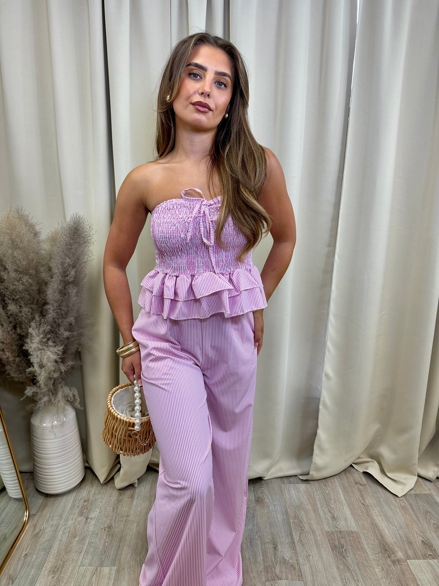 Pink striped Bardot & pants set