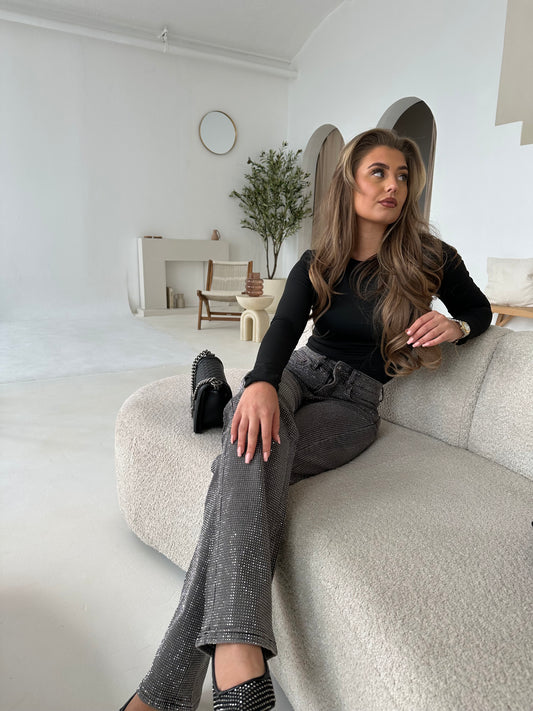 Premium Grey Dimante Straight Leg Jeans