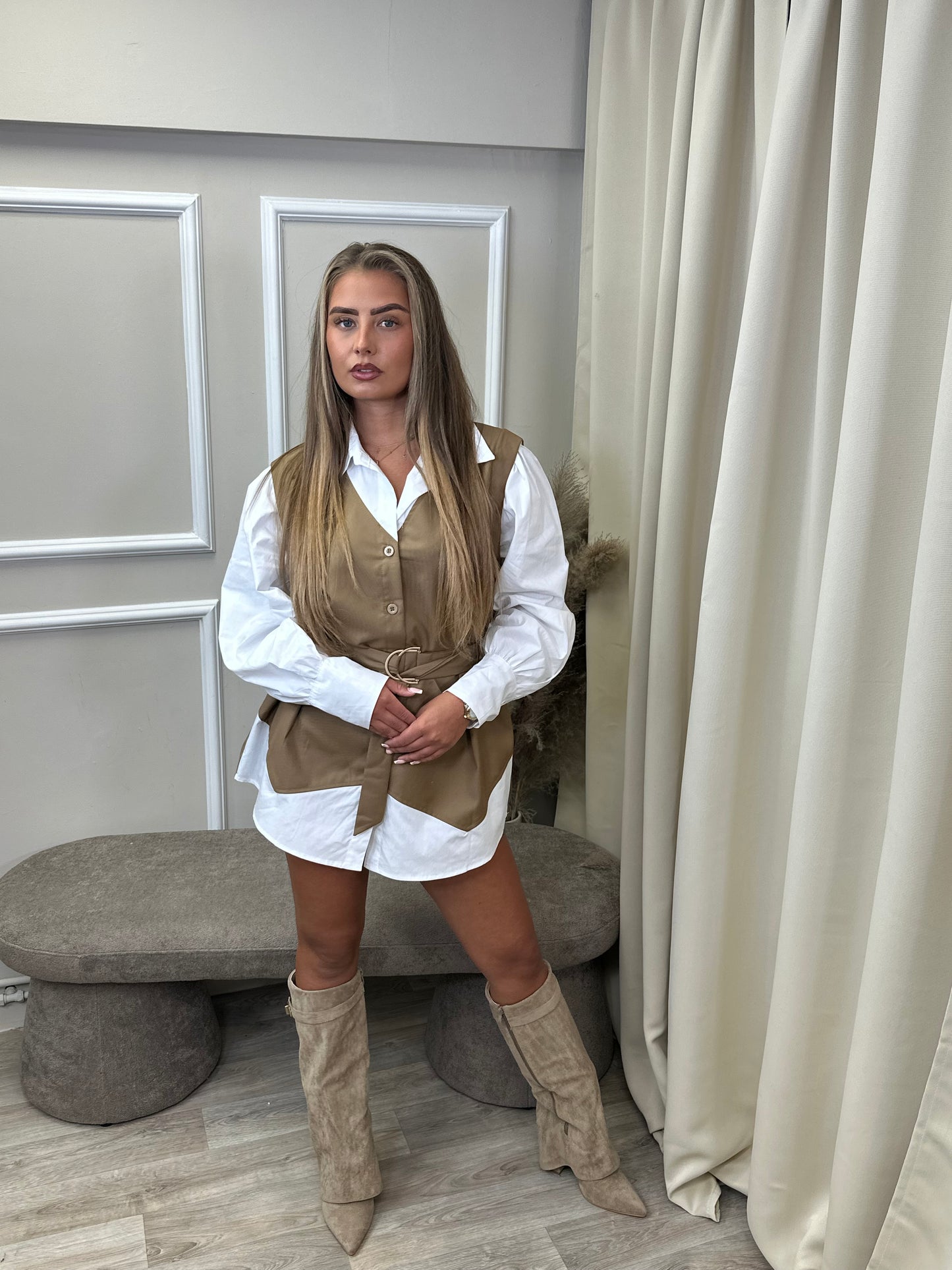 Two Tone Belted Shirt Dress