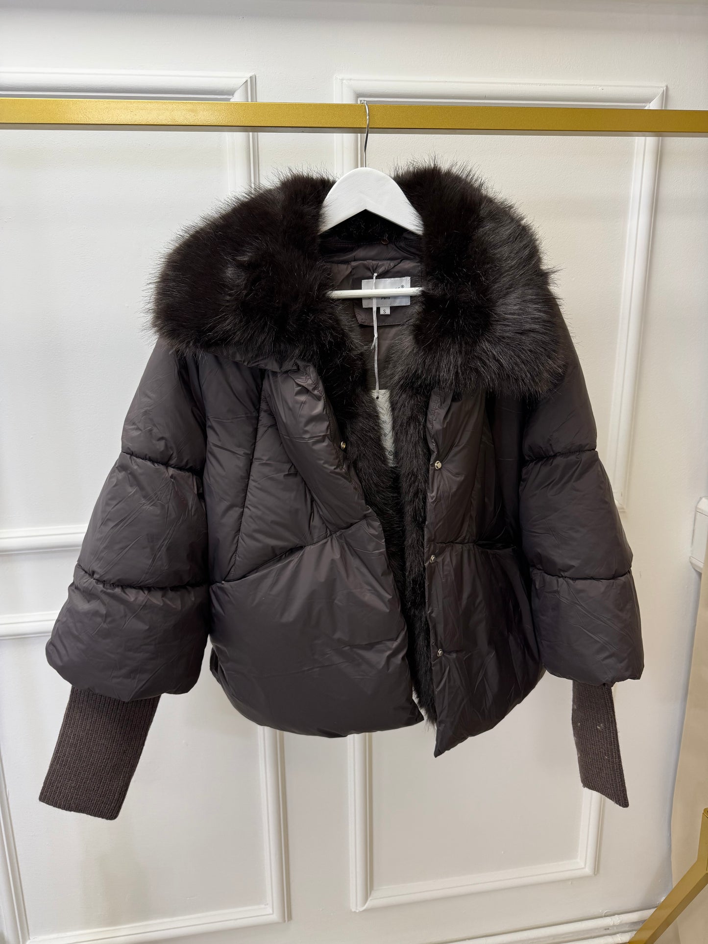 Chocolate Knitted Cuff Puffer Jacket