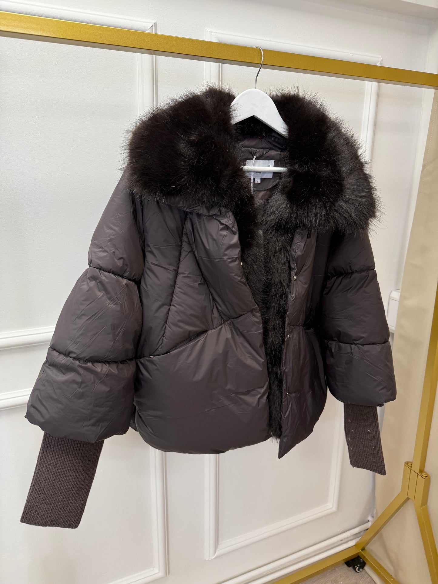 Chocolate Knitted Cuff Puffer Jacket