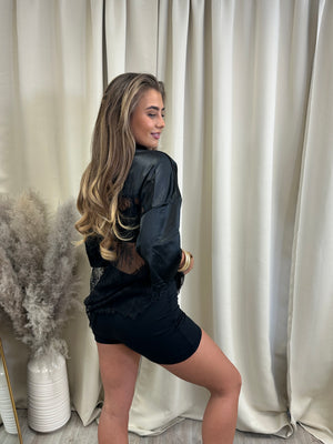 V Neck Sheer Lace Varsity Top