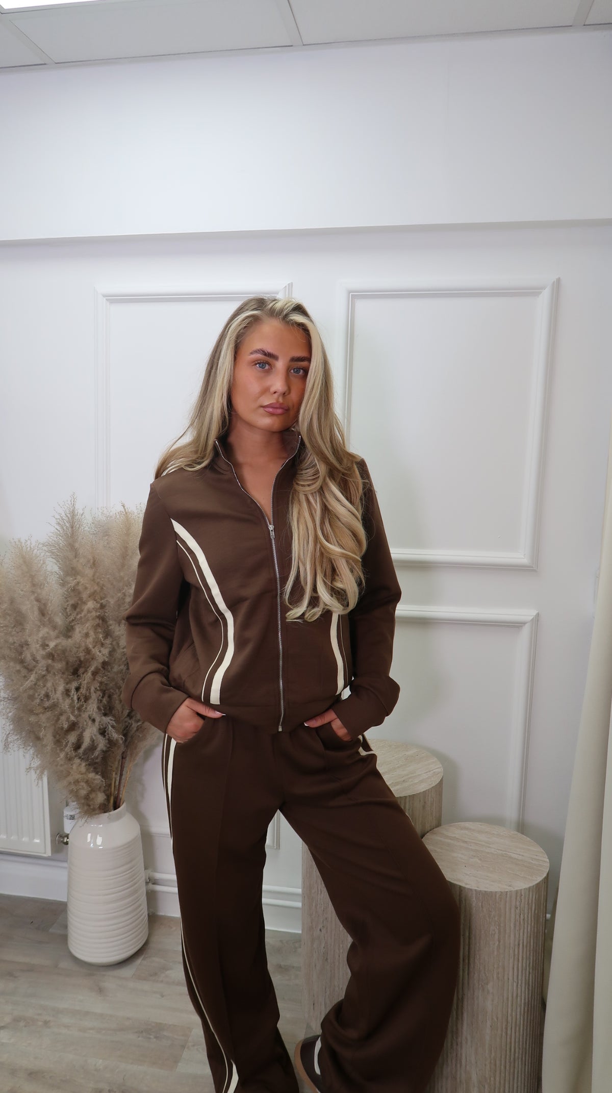 Brown Contrast Piped Tracksuit Set