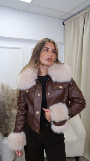 Faux leather fur collared jacket