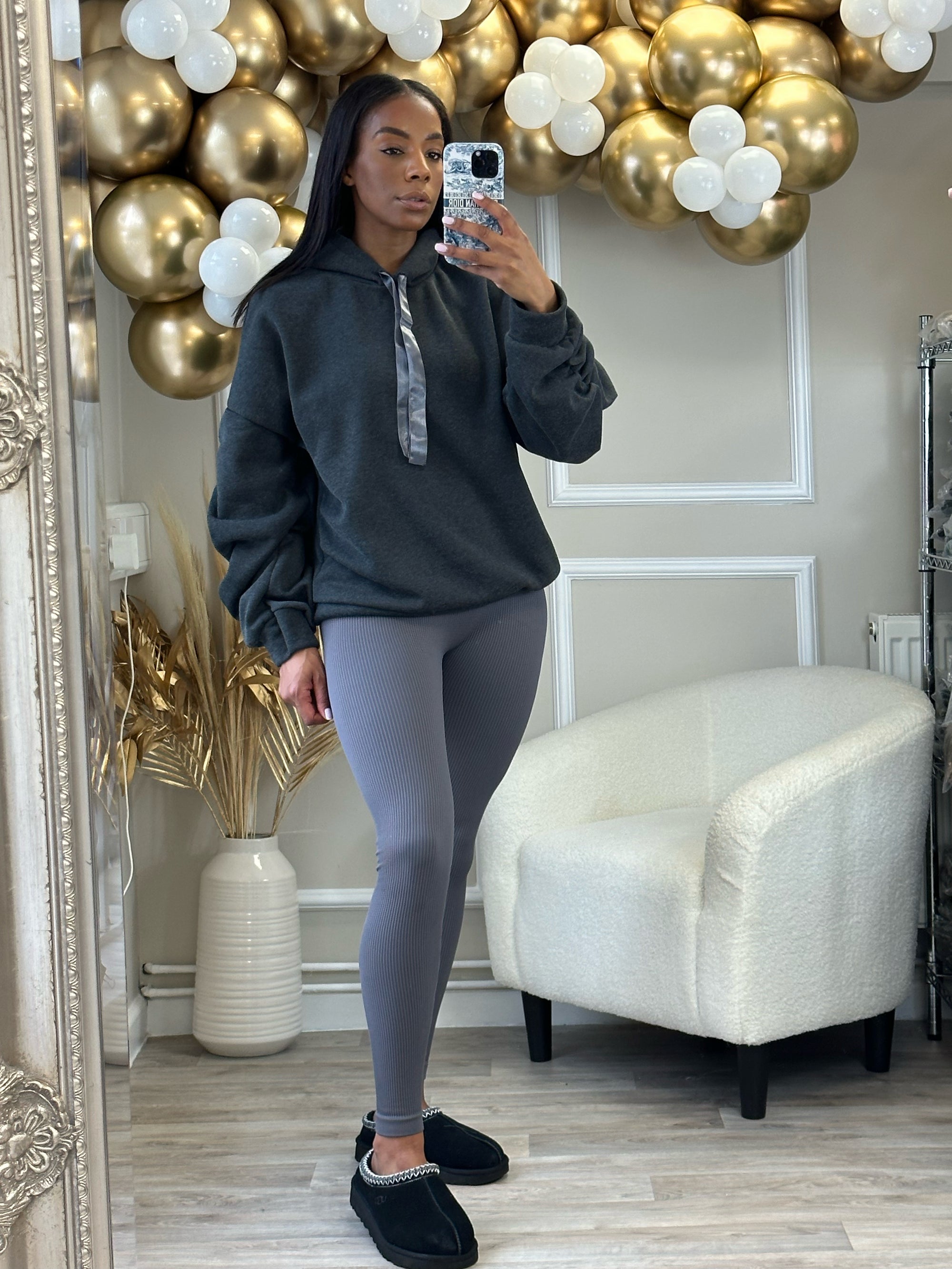 grey ruched sleeve hoodie