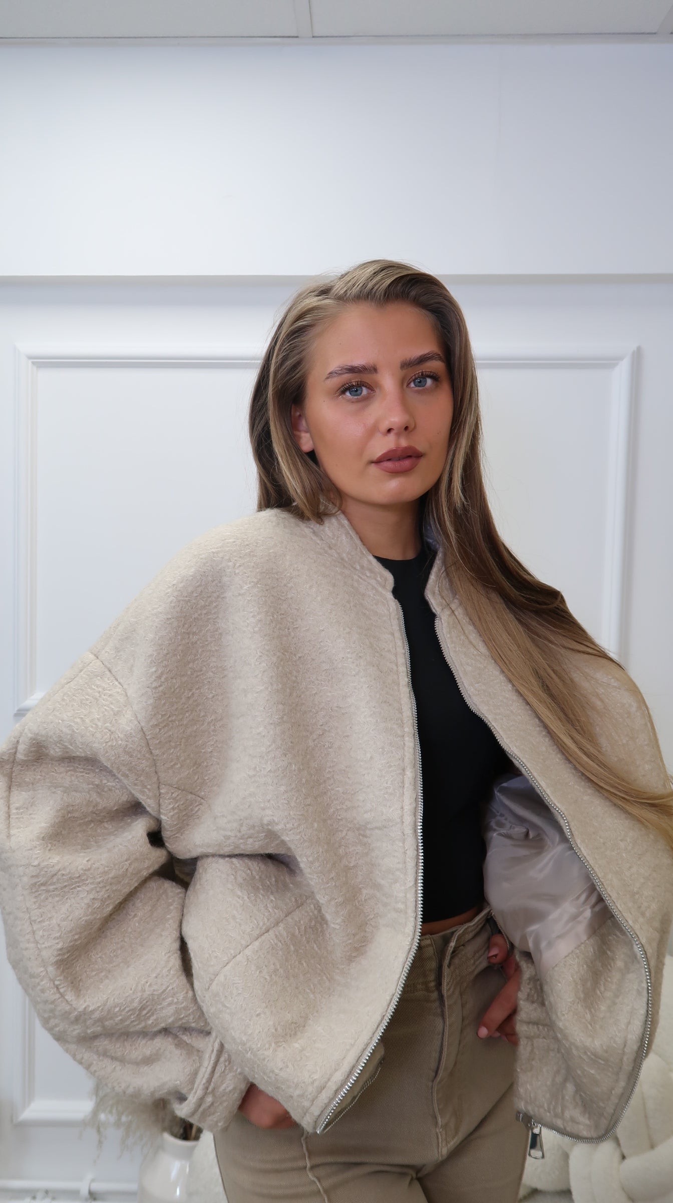 Wool Look Zip Up Bomber Jacket