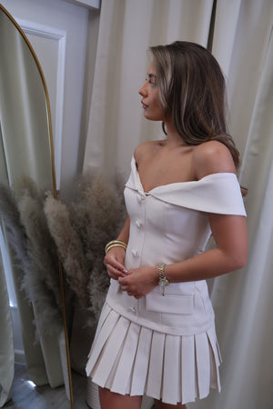 Luxe Tailored Bardot Button Front Mini Dress