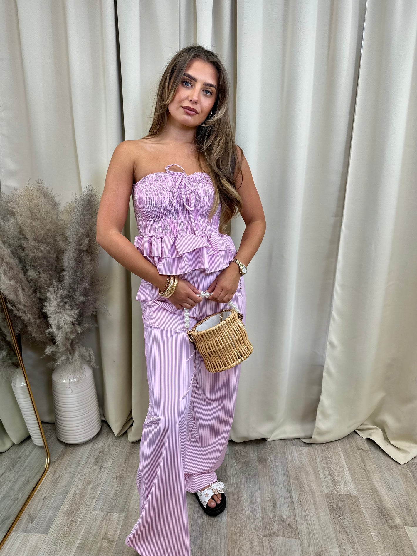 Pink striped Bardot & pants set