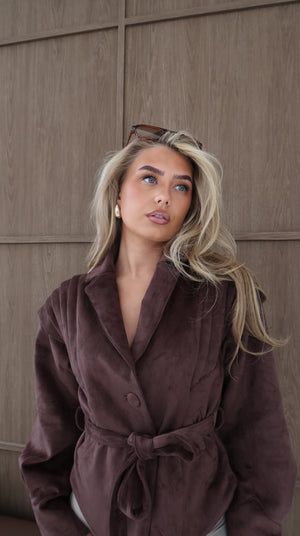 Brown Faux Suede Structured jacket with belt