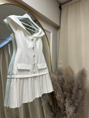 Luxe Tailored Bardot Button Front Mini Dress