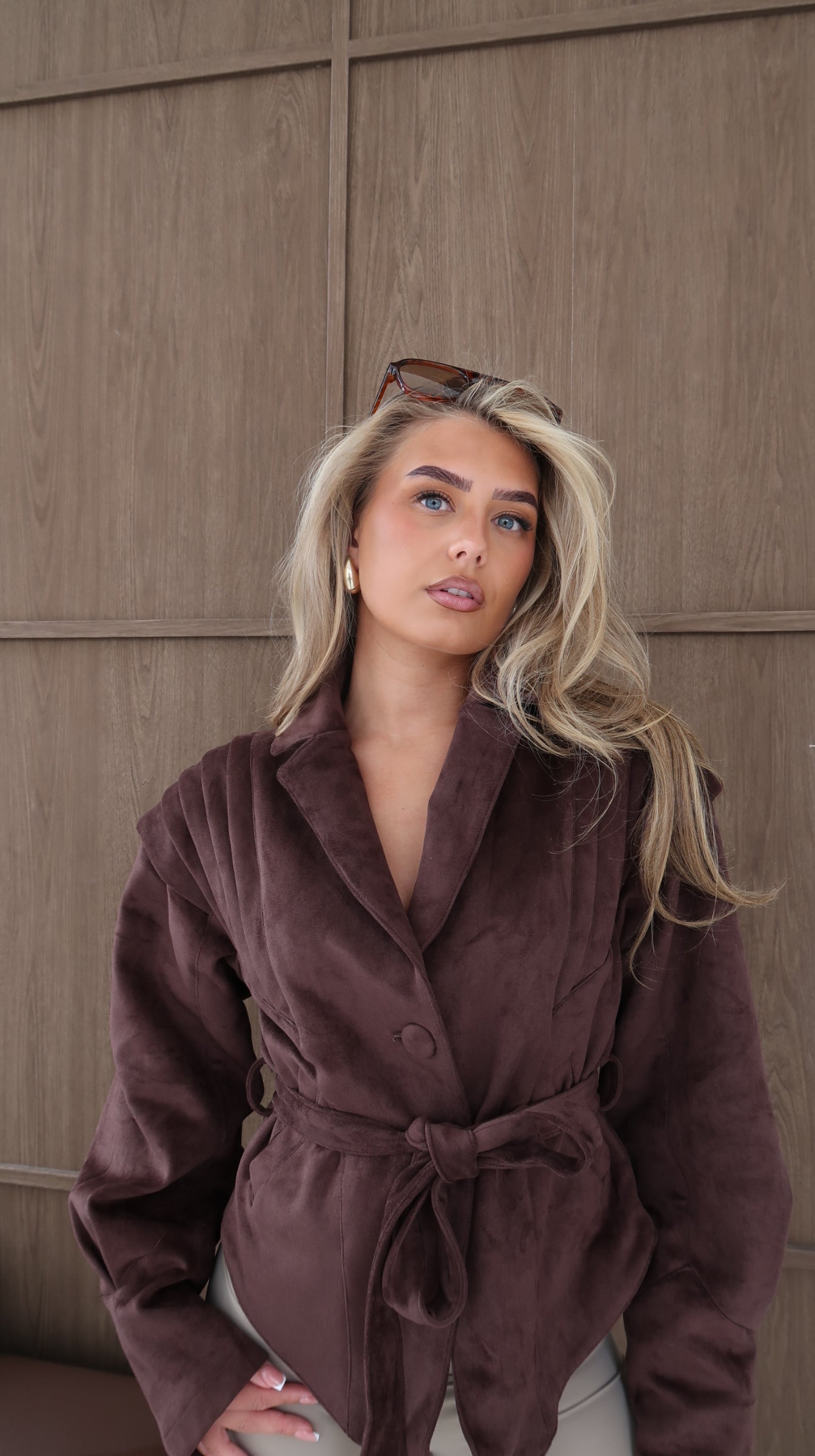 Brown Faux Suede Structured jacket with belt