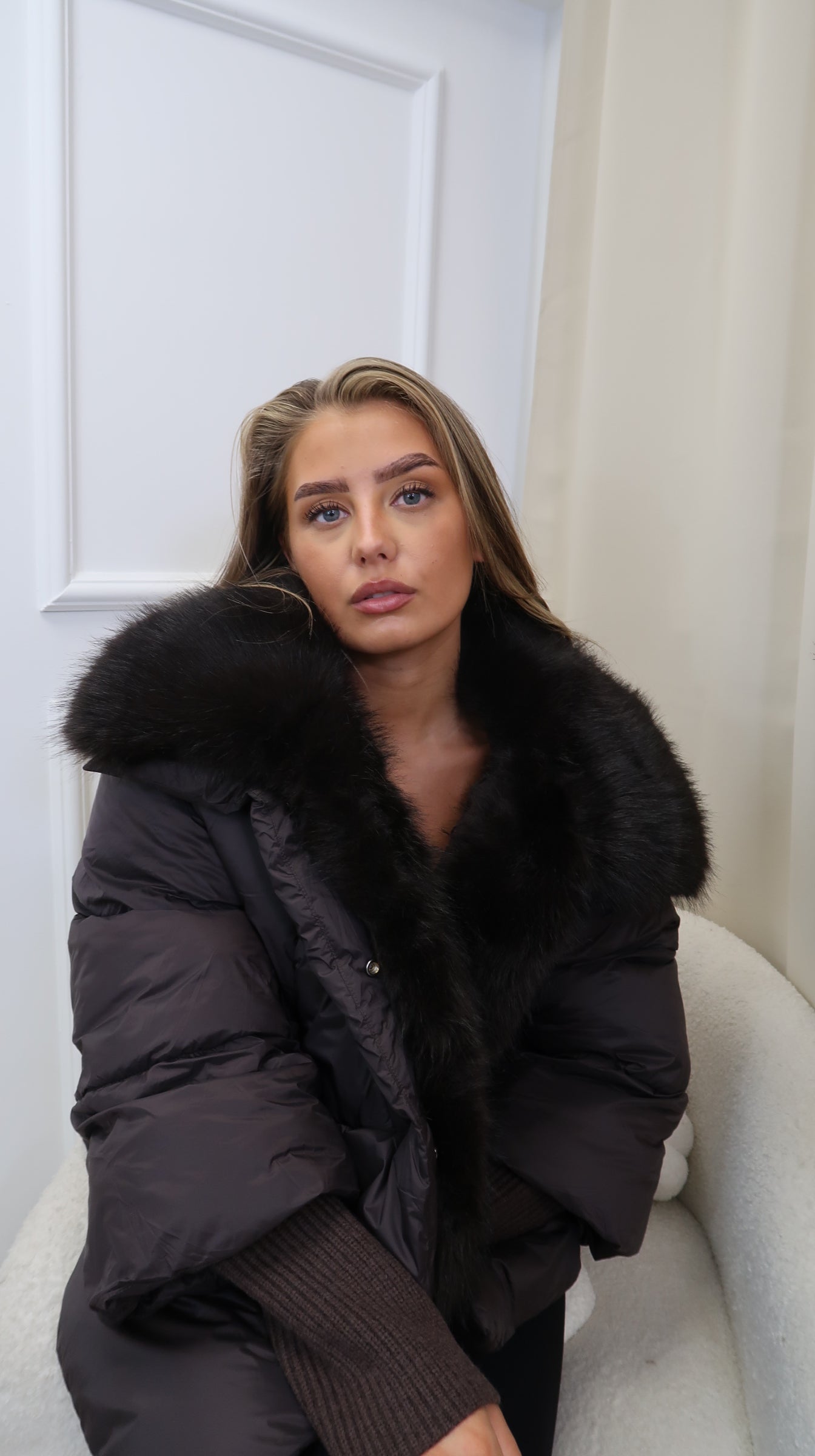 Chocolate Knitted Cuff Puffer Jacket