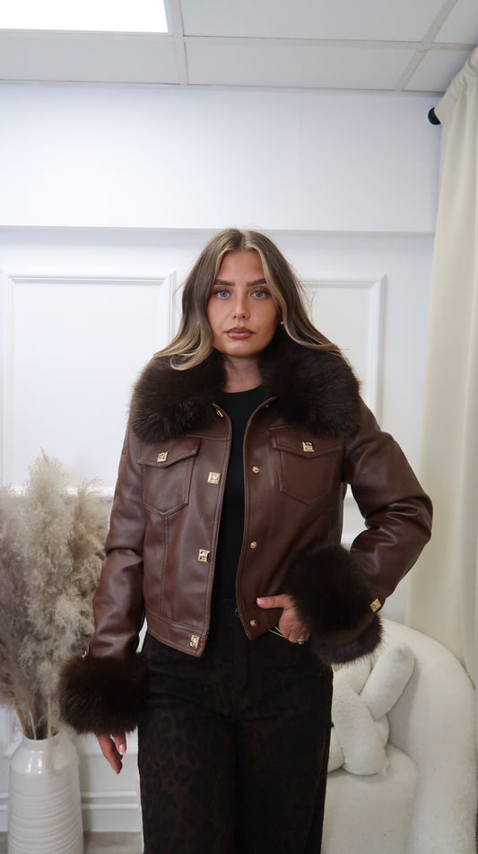 Faux leather fur collared jacket