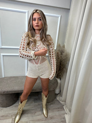 TEXAS” BEIGE CROCHET FLOWER BODICE PLAYSUIT