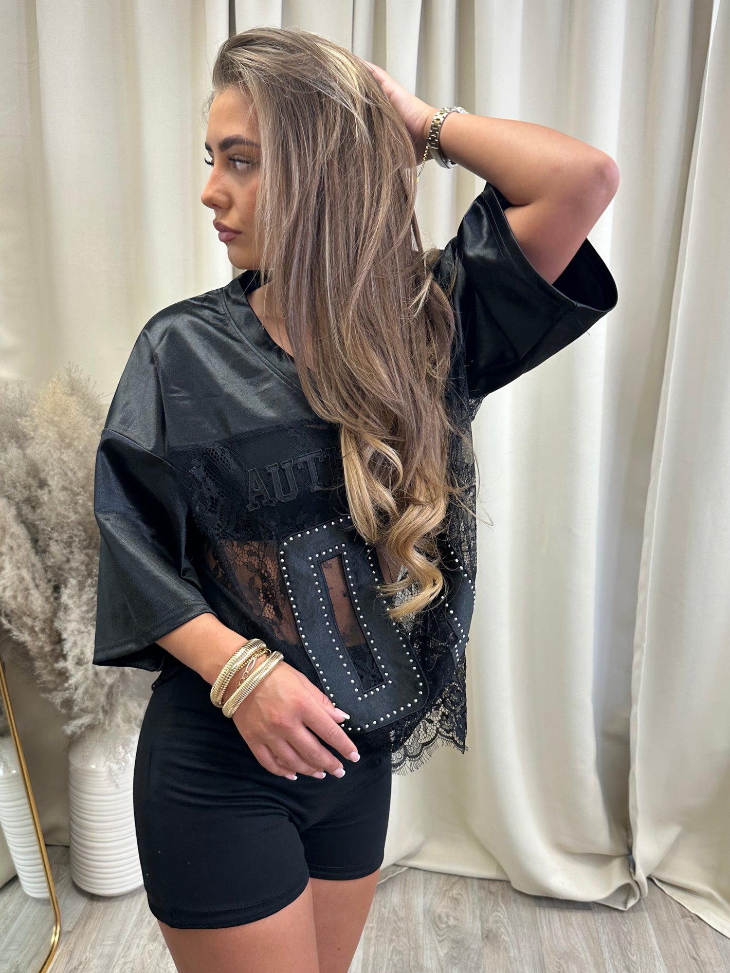 V Neck Sheer Lace Varsity Top