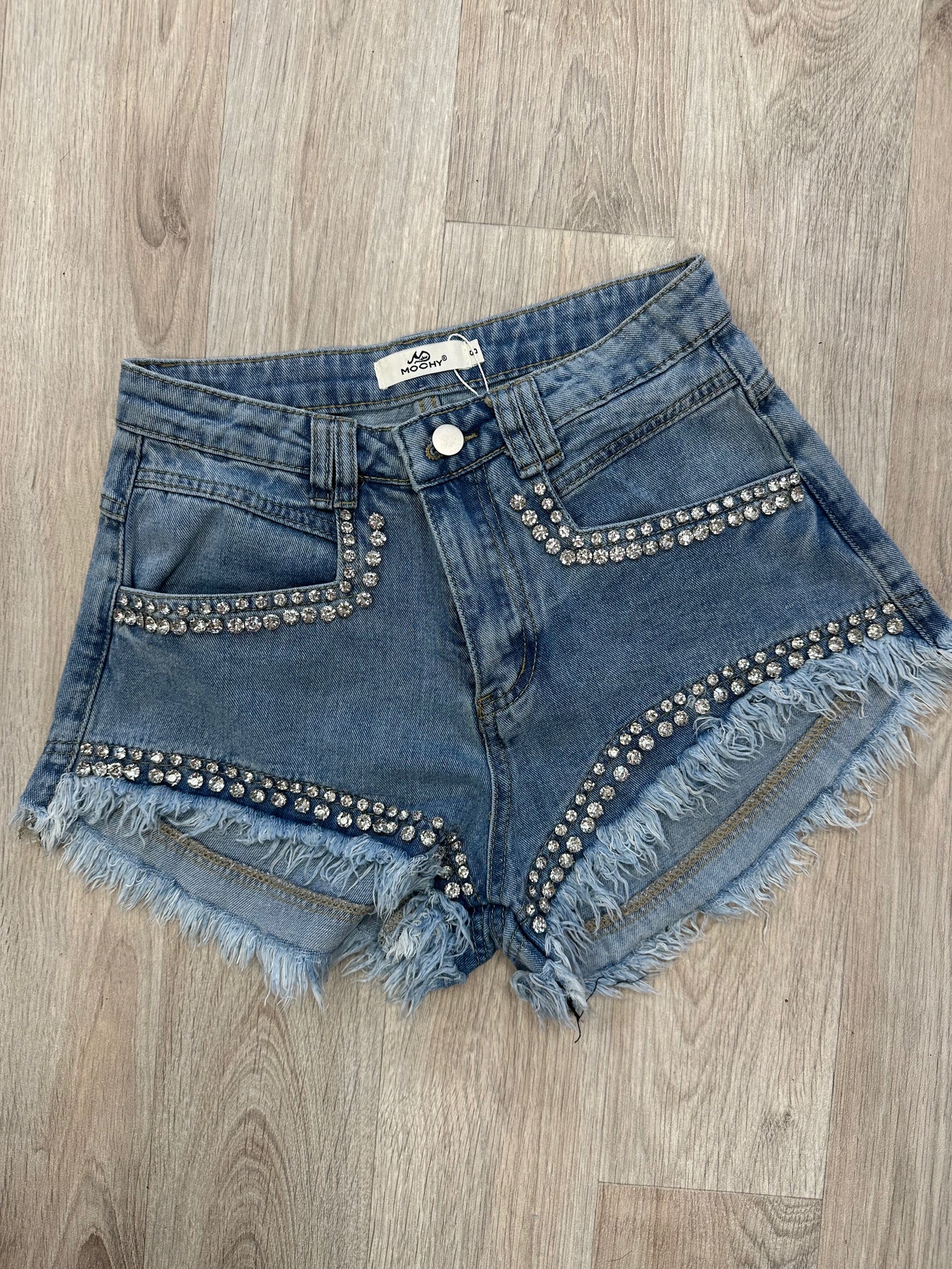 FRAYED DIMANTE DENIM SHORTS