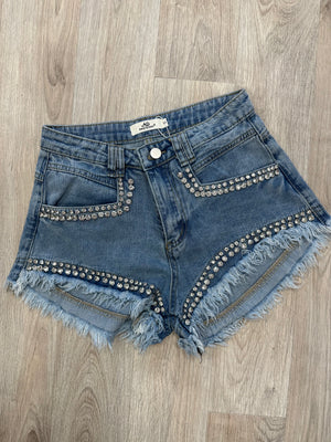 FRAYED DIMANTE DENIM SHORTS